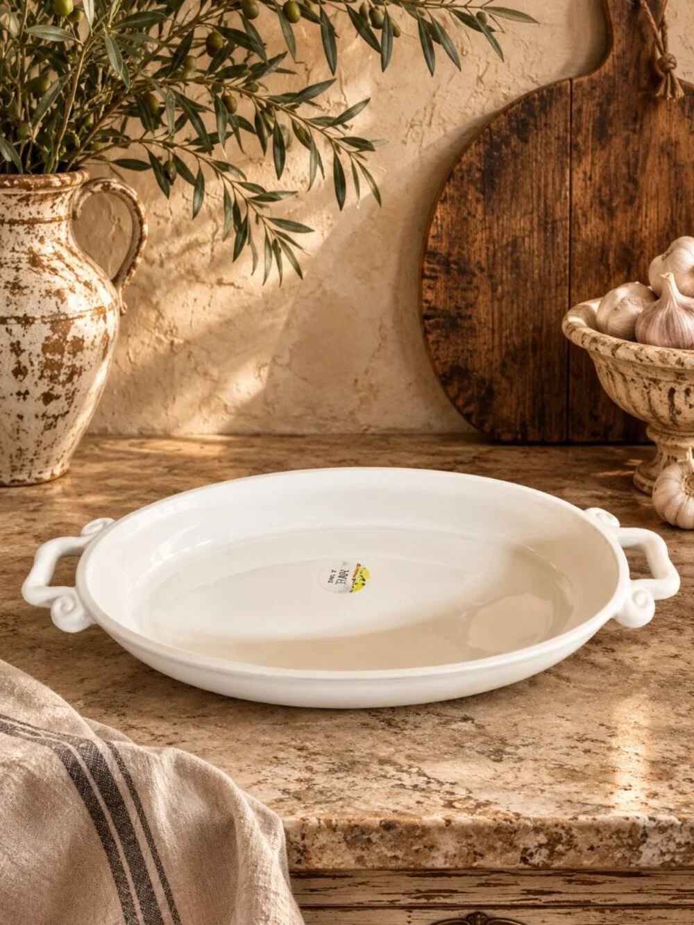 Italian Tavola Bella Baking Dish Casserole Stoneware With Scroll-Shaped Handles